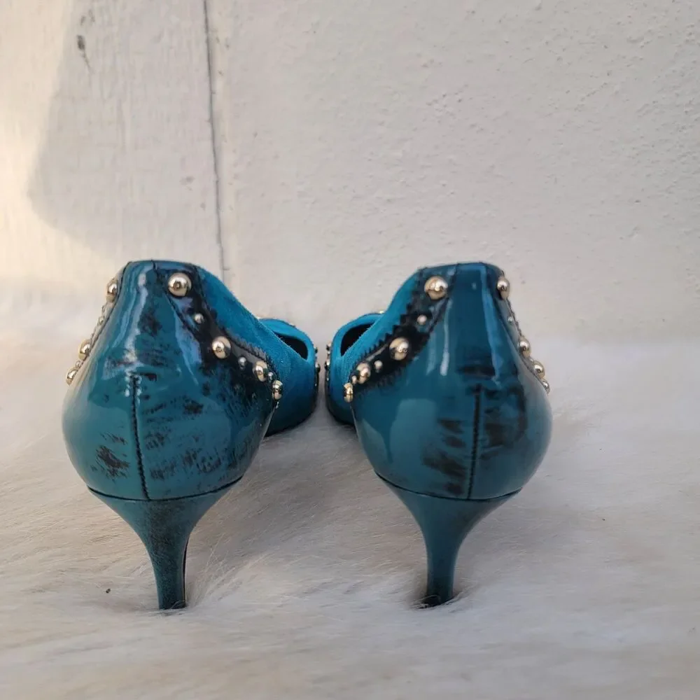 Tory Burch Noelle studded indigo suede kitten heel pumps Sz 9